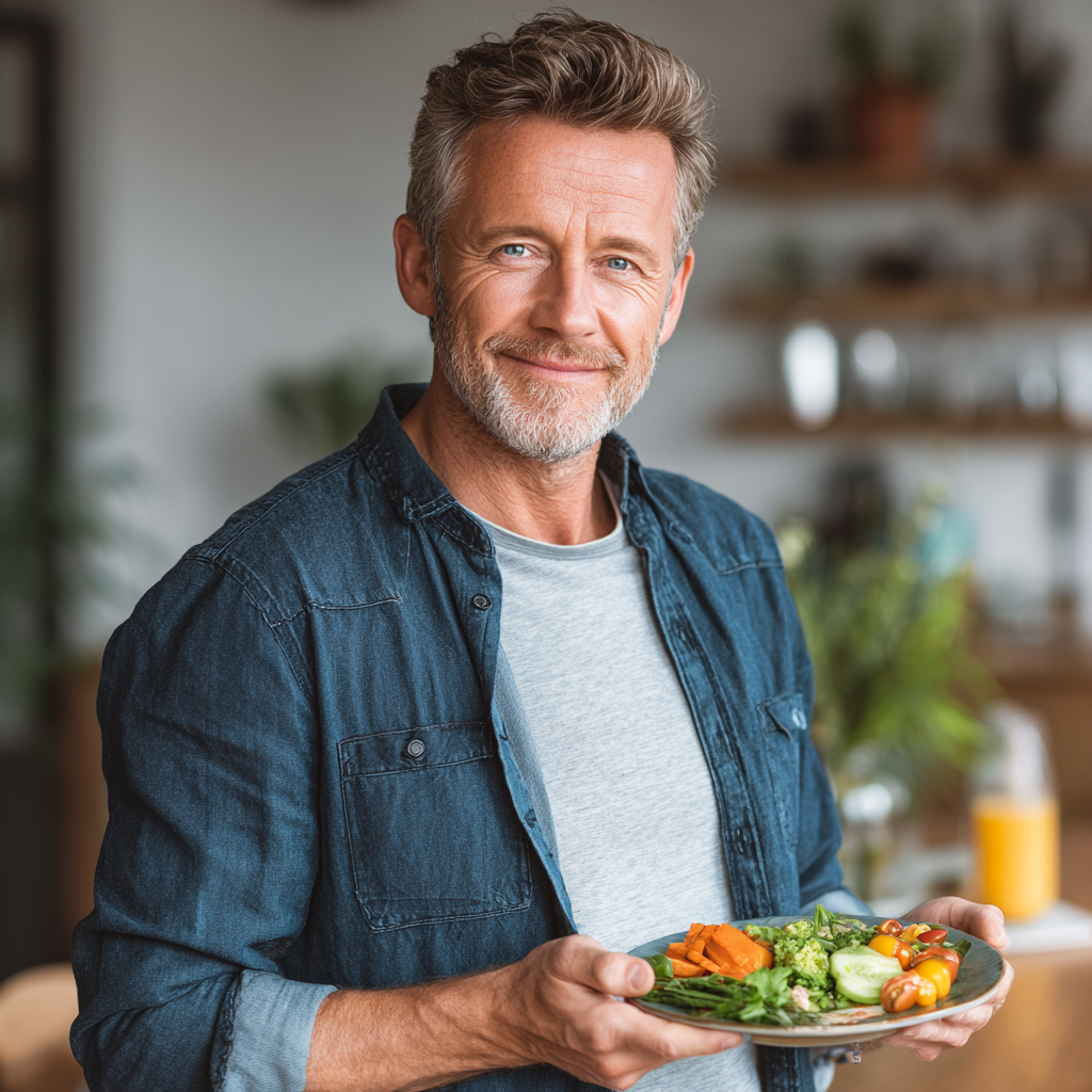 A confident man in his 50s smiling while holding a plate of healthy, balanced meal with vegetables and lean protein in a bright dining area