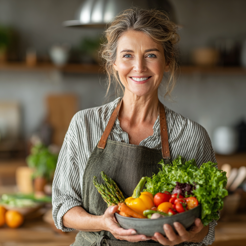 A smiling woman in her 40s preparing fresh vegetables in a modern kitchen, holding a bowl of colorful salad ingredients